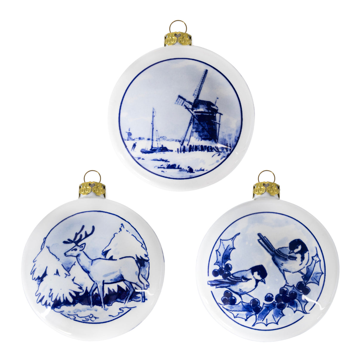 Kerstornamenten set vogels, hert en molen
