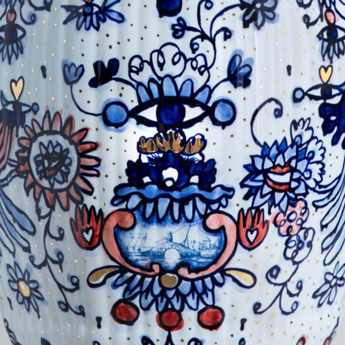 Royal Delft hand-painted ceramic vase with lid, featuring blue and red imaginative figures and golden accents.