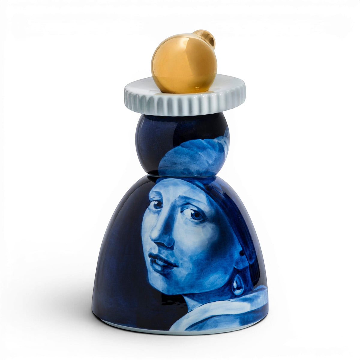 Royal Delft Proud Mary Meisje met De Parel porcelain figurine featuring blue hand-painted art and a gold sphere.